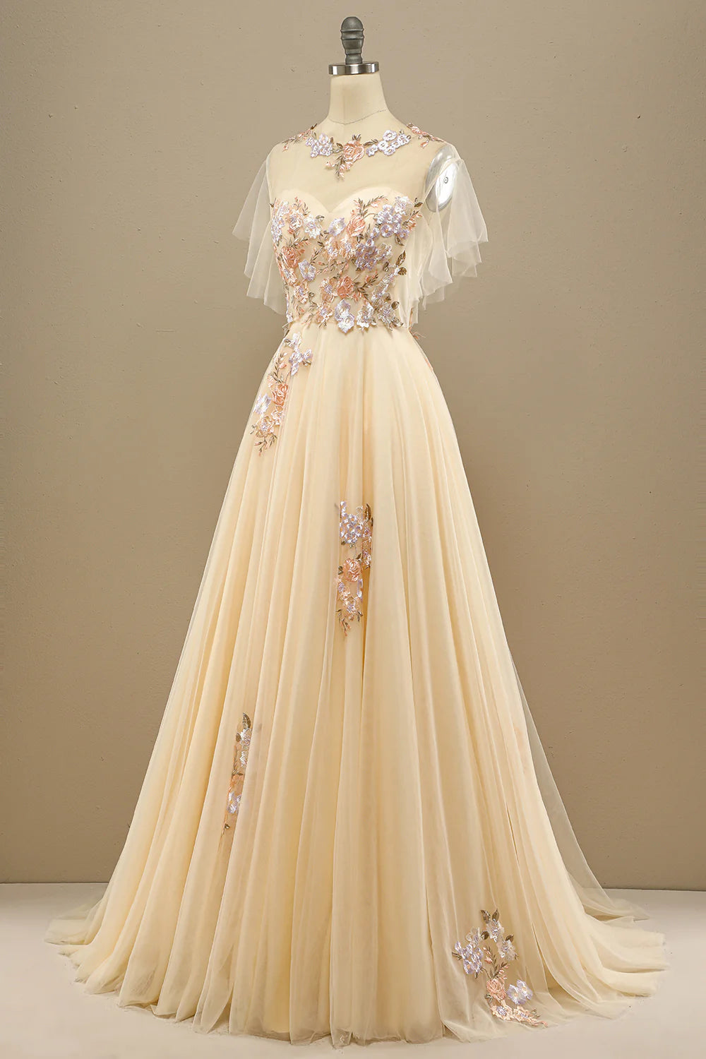 A Line Yellow Long Prom Dress With Embroidery Appliques Beautiful