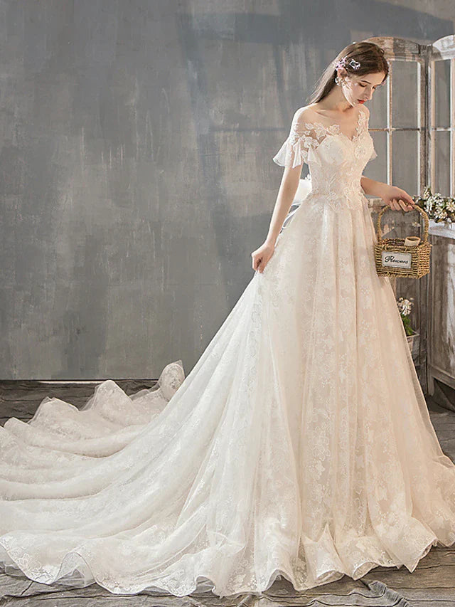 Princess A-Line Wedding Dresses Jewel Neck Court Train Lace Tulle Short Sleeve Romantic with Bow(s) Beading Appliques