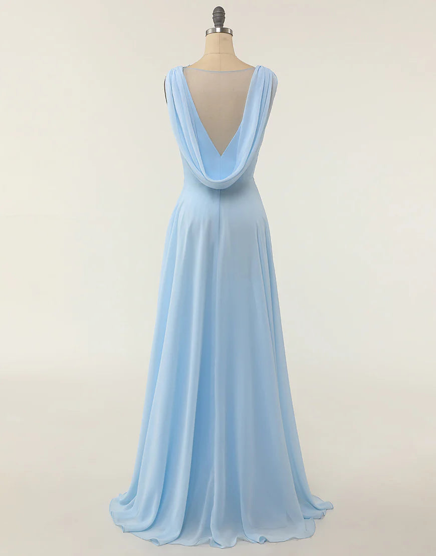 A Line V-neck Blue Bridesmaid Dress with Ruffle