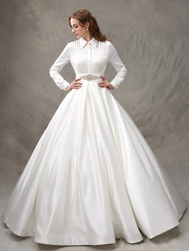 Ball Gown Wedding Dresses High Neck Satin Long Sleeve Glamorous Sparkle & Shine with Bowknot Sash Ribbon Beading