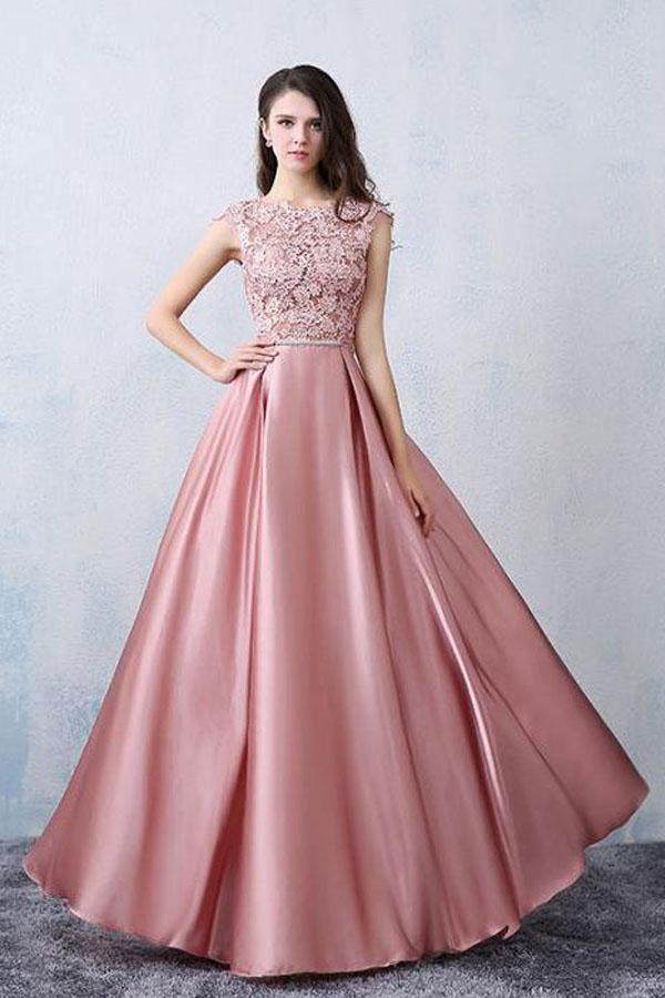 A-line Scoop Neck Pink Evening Dress Satin Long Prom Dress With Back Bow Applique