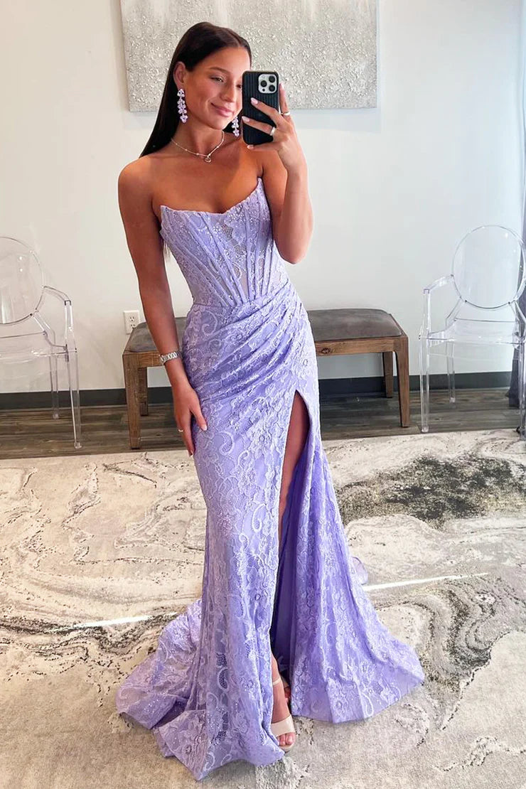 Mermaid Strapless Scoop Neck Lavender Sequins Lace Long Prom Dresses with Slit