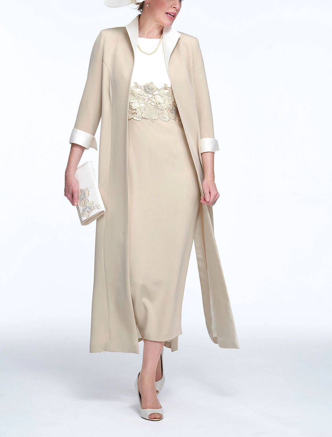 Sheath / Column Church Elegant Jewel Neck Two Pieces Wedding Guest Ankle Length Stretch Fabric Sleeveless Mother of the Bride Dress with Appliques