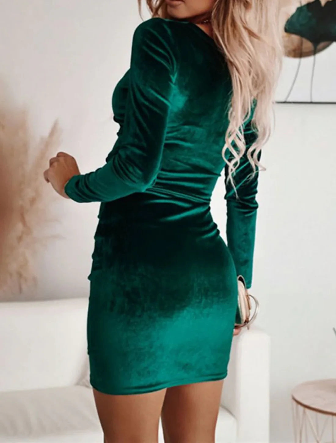 Women‘s Cocktail Party Dress Homecoming Dress Velvet Dress  Long Sleeve Pure Color Ruched Winter Fall Spring V Neck Fashion Winter Dress Date