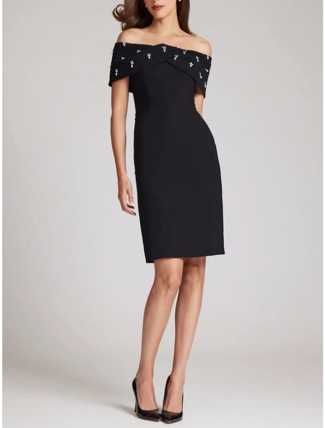 Sheath / Column Elegant Wedding Guest Dresses Elegant Dress Homecoming Knee Length Black Dress Short Sleeve Off Shoulder Stretch Fabric with Crystals