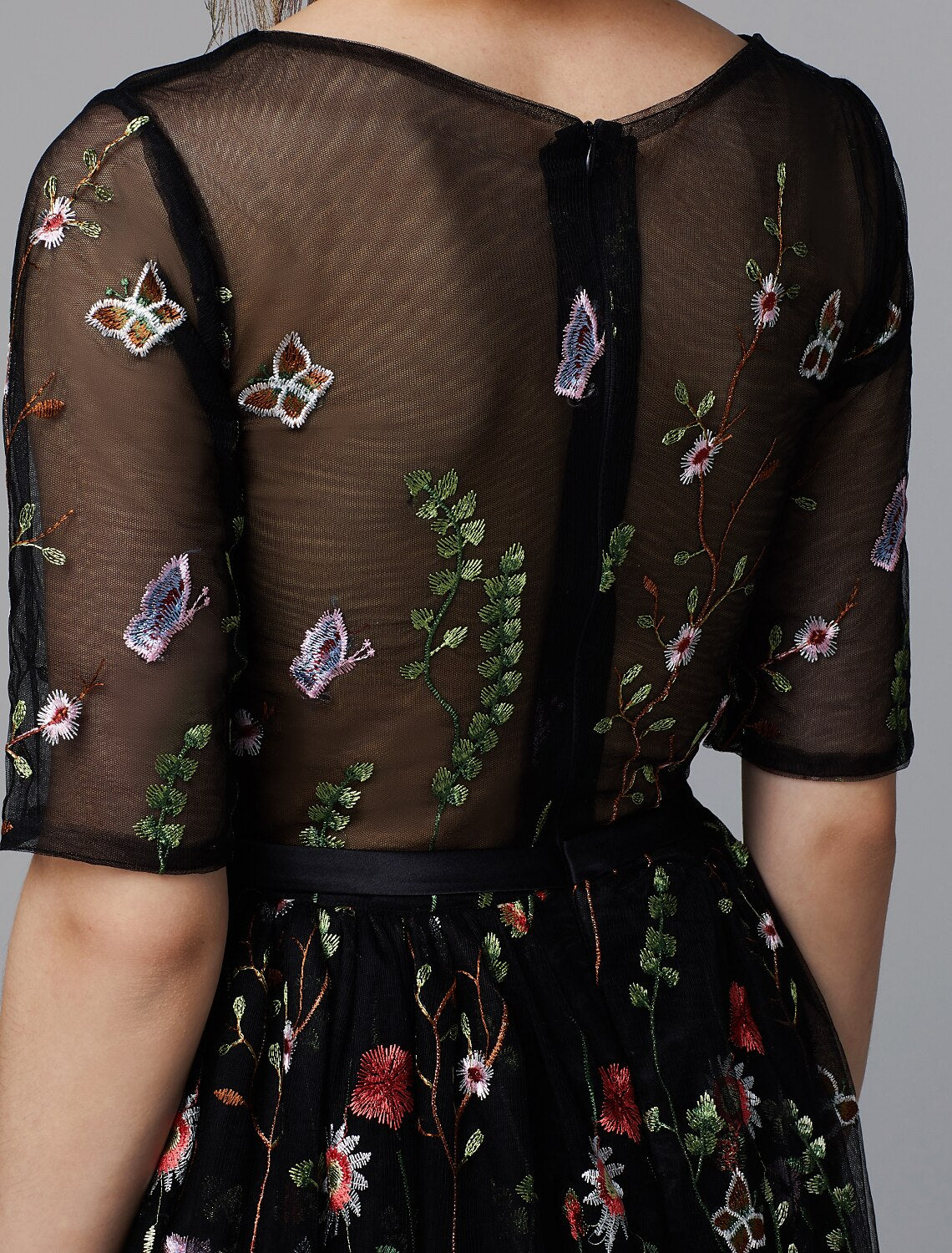 A-Line Floral Dress Valentine's Day Wedding Guest Tea Length Half Sleeve Illusion Neck Lace with Embroidery Appliques