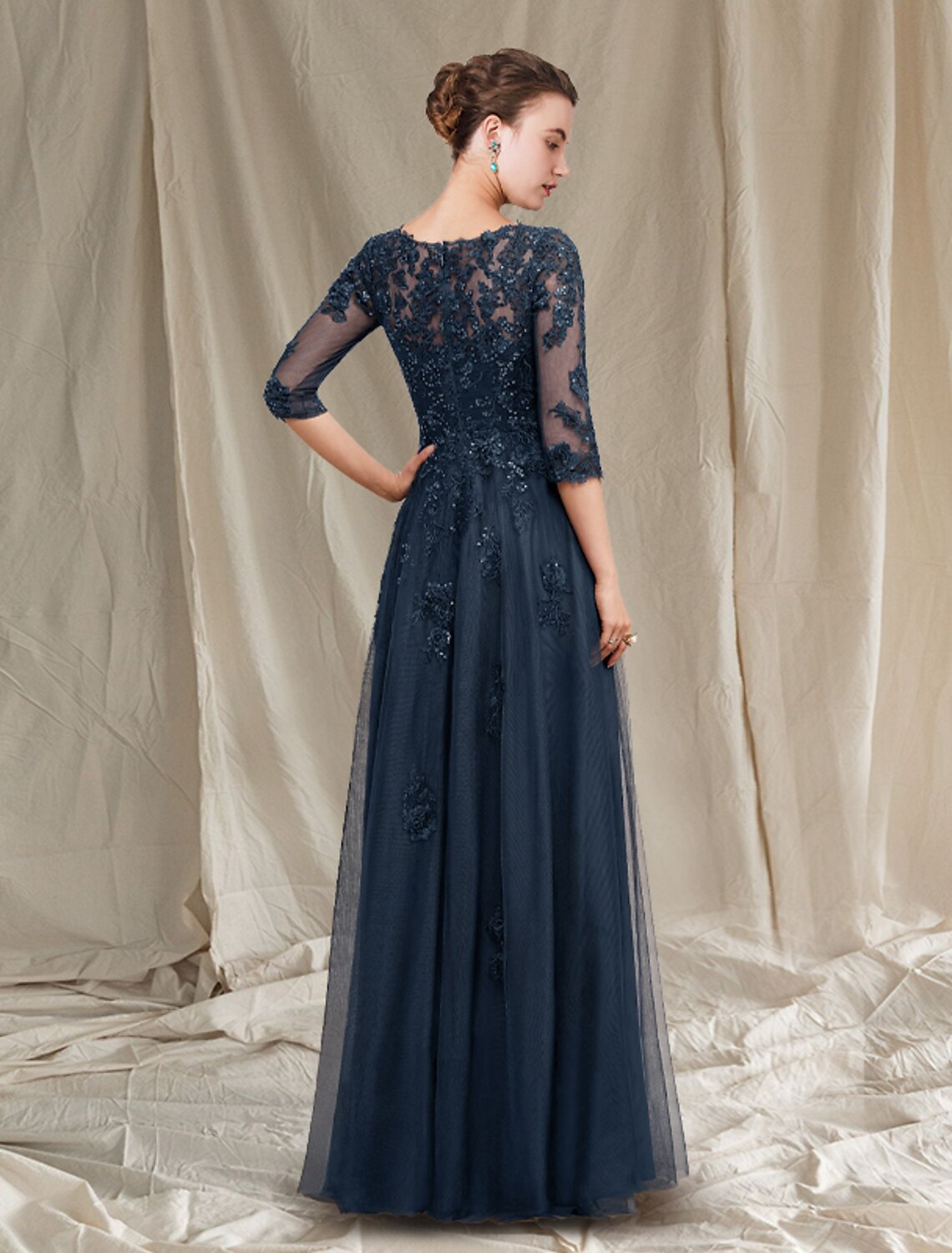 A-Line Mother of the Bride Dress Elegant Luxurious V Neck Floor Length Chiffon Lace Tulle Half Sleeve with Sequin Appliques
