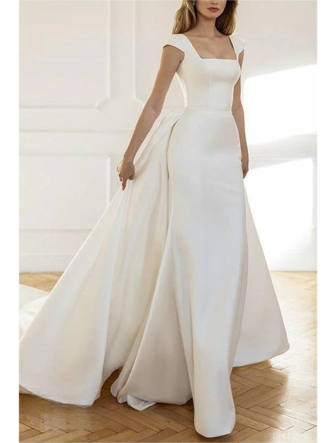 Sheath Trumpet Square Neck Beach Casual Wedding Dress Sweep / Brush Train Taffeta Bridal Gowns Regular Straps OverSkirts