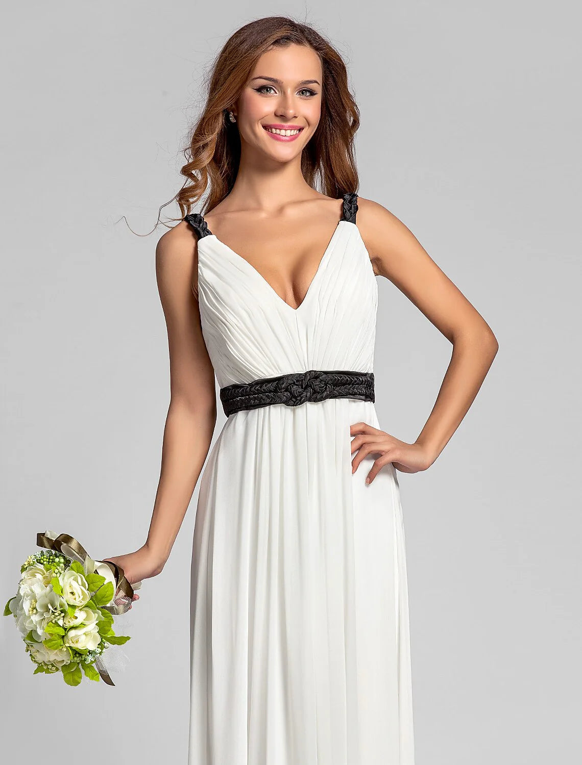 Elegent Sheath / Column V Neck Floor Length Georgette Bridesmaid Dress with Sash / Ribbon