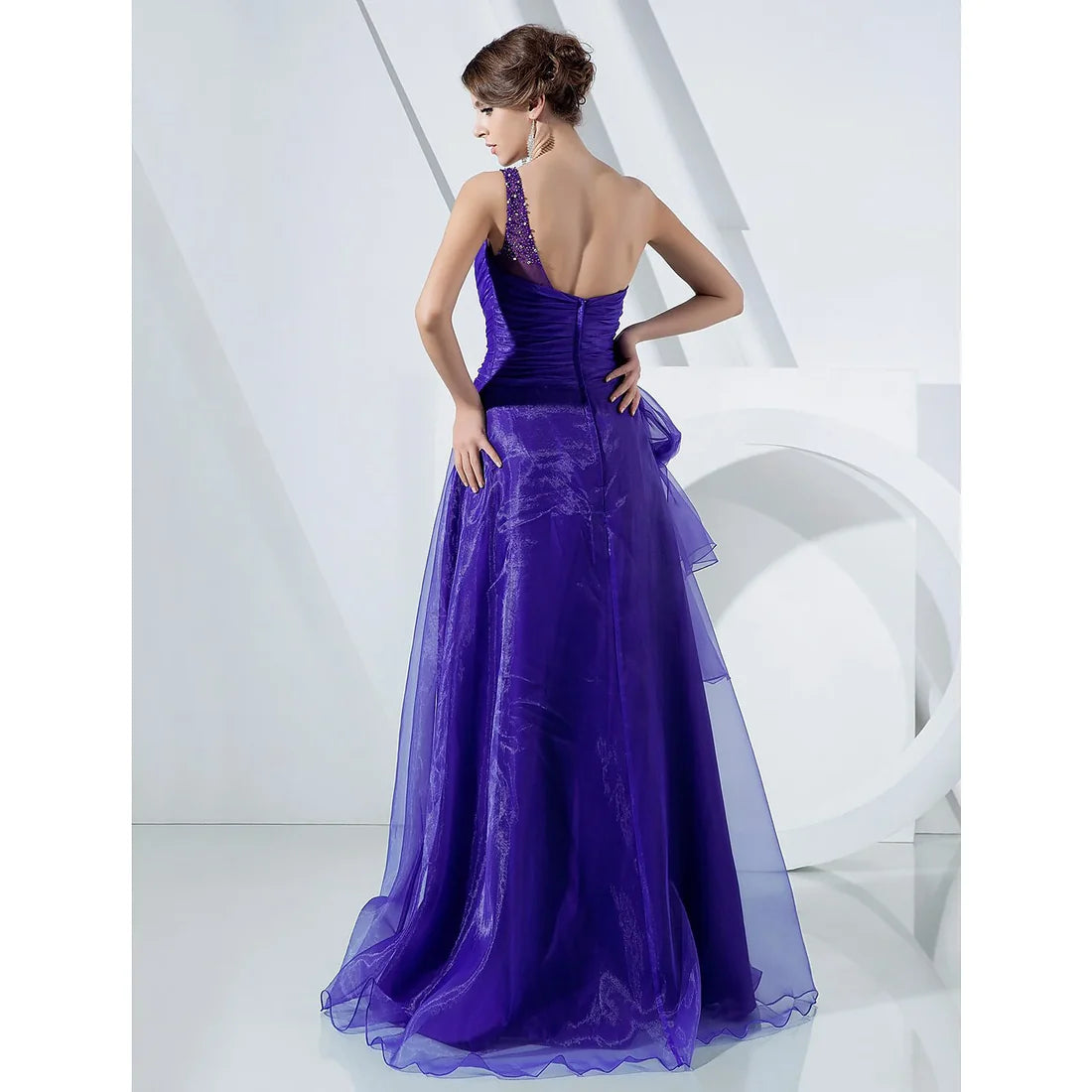 Evening Floor Length Sleeveless One Shoulder Organza with Side Draping Cascading Ruffles