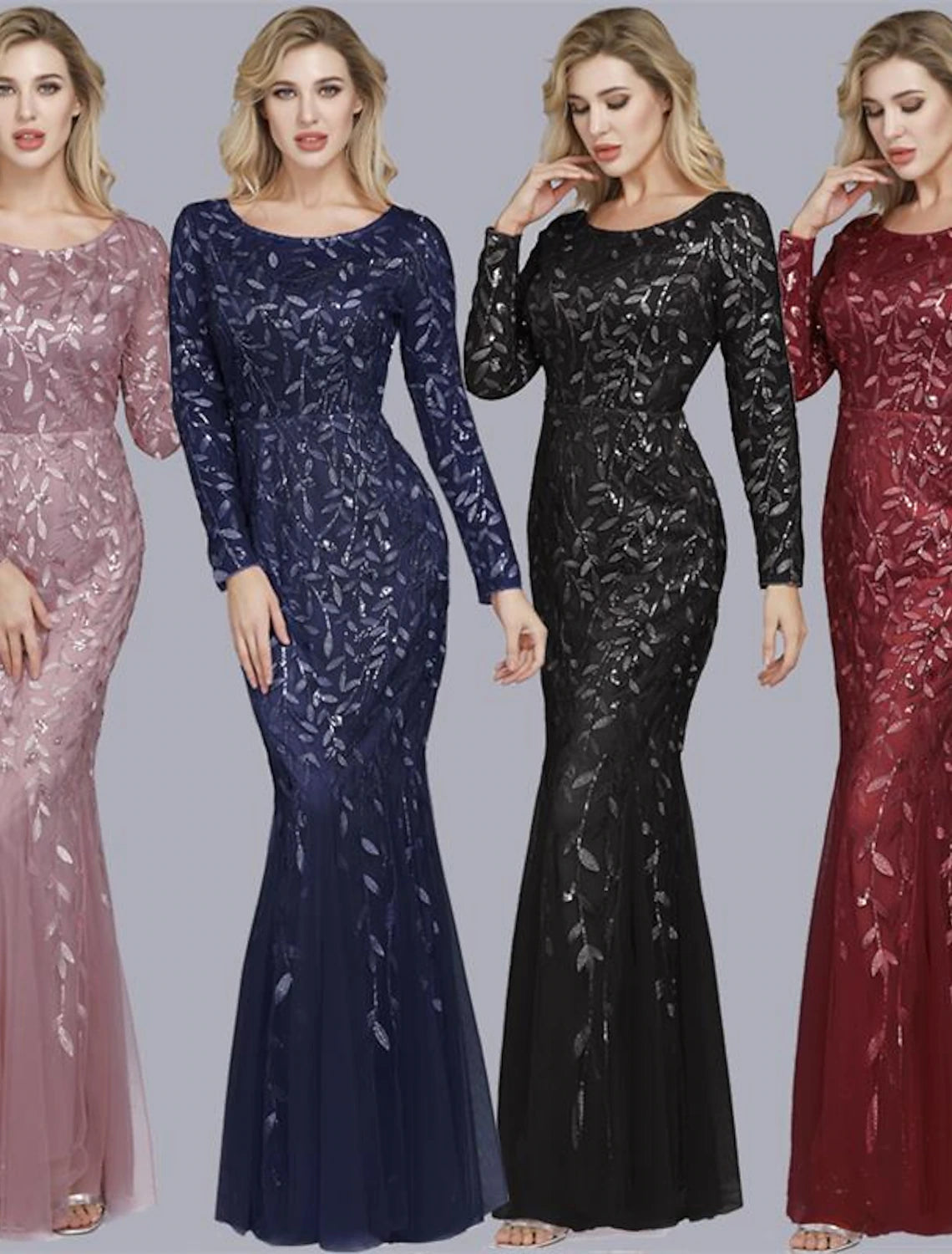 Mermaid / Trumpet Empire Elegant Party Wear Formal Evening Valentine's Day Dress Jewel Neck Long Sleeve Floor Length Tulle with Embroidery / Illusion Sleeve