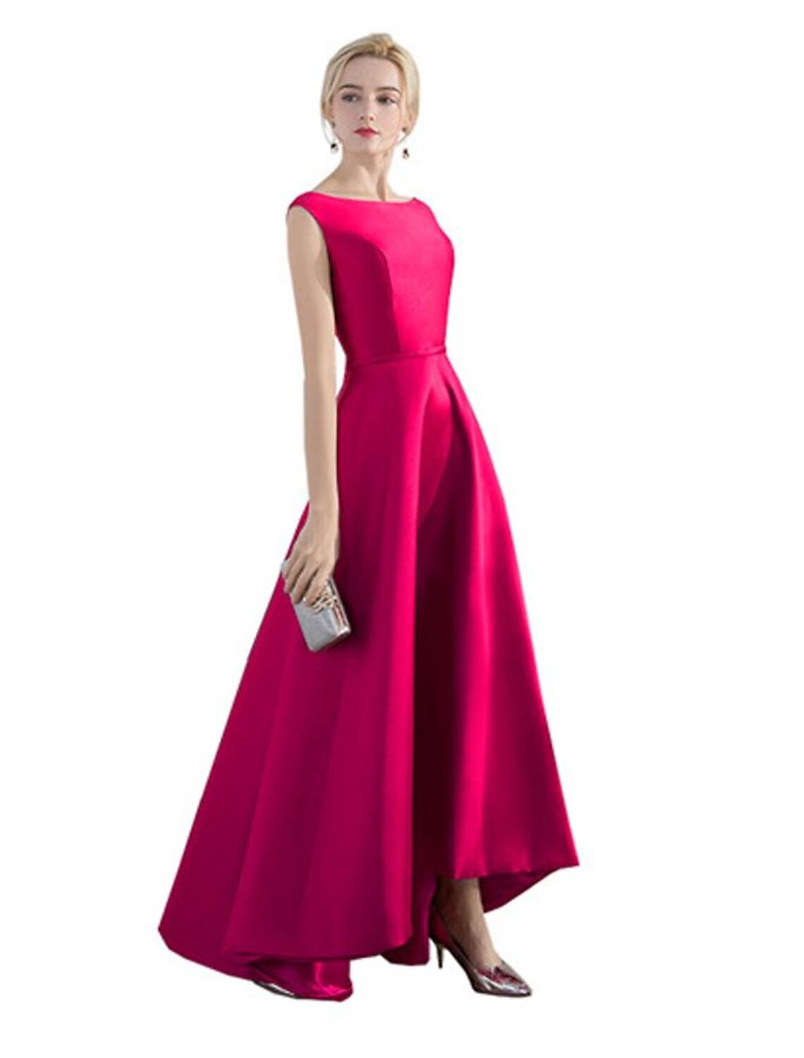 A-Line Evening Gown Christmas Red Green Dress Wedding Guest Party Wear Asymmetrical Sleeveless Jewel Neck Satin with Sleek