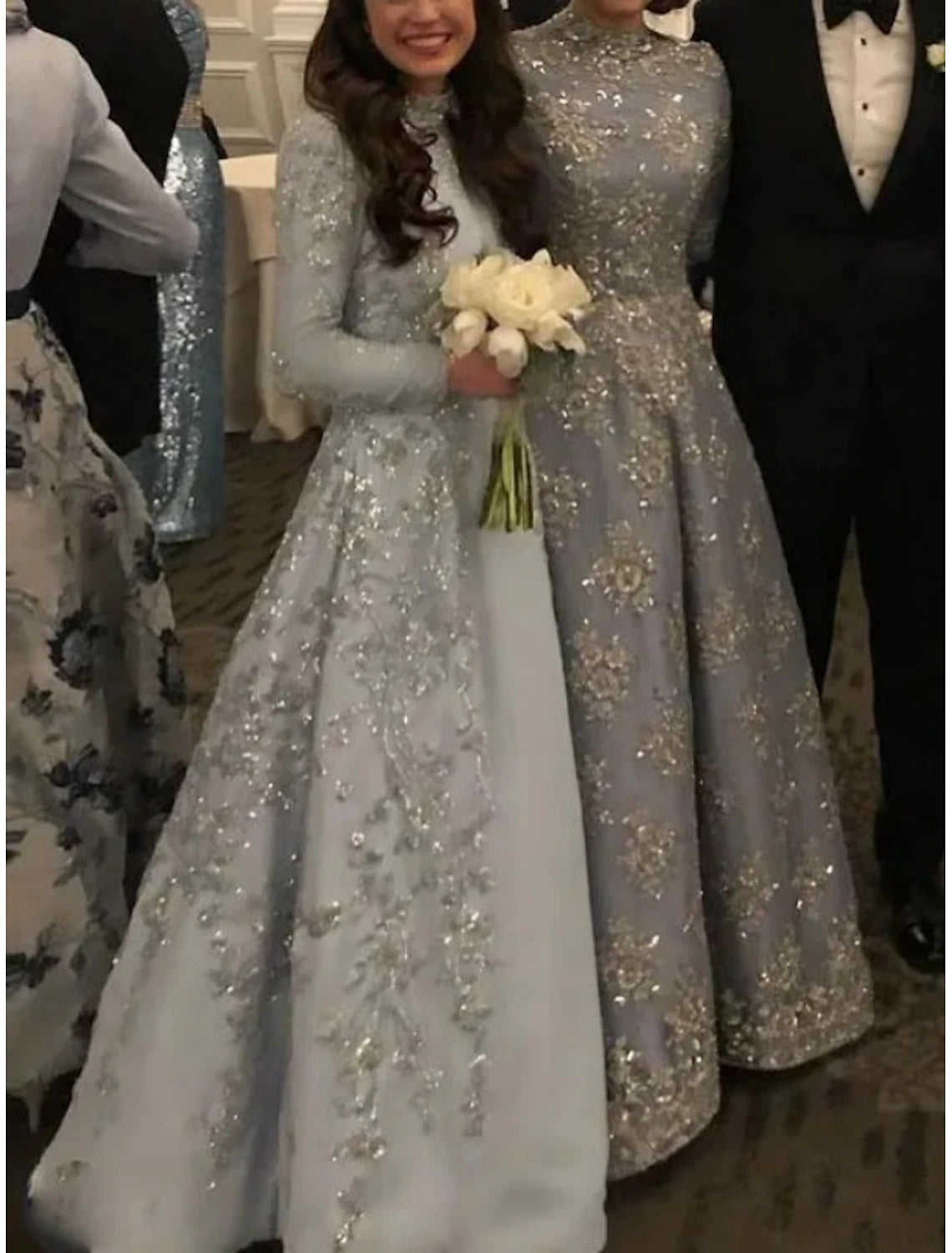 A-Line Sleek Glitter Sparking High Neck Floor Length Wedding Guest  Party Dress  Tulle Lace Long Sleeve Mother of the Bride Dress with Lace Sequin