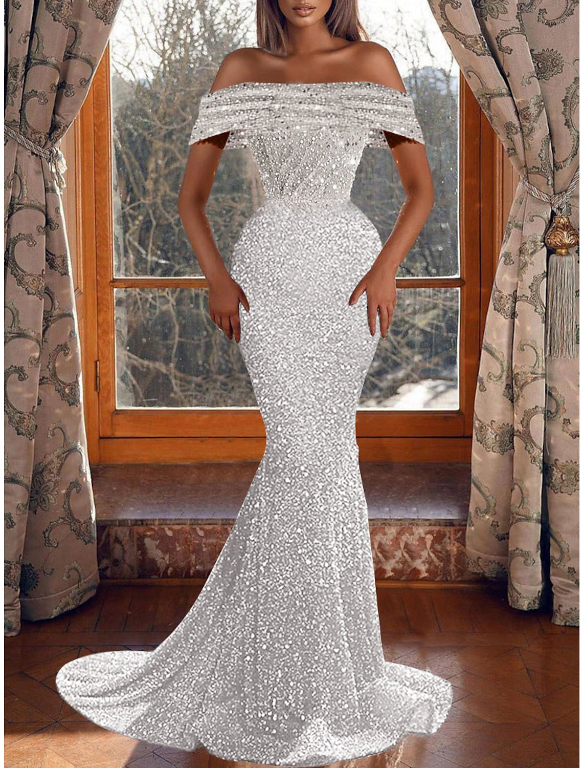 Sheath Mermaid Evening Dress Sleek Glitter Sparking Sequins Short Sleeve Off the Shoulder Party Dress