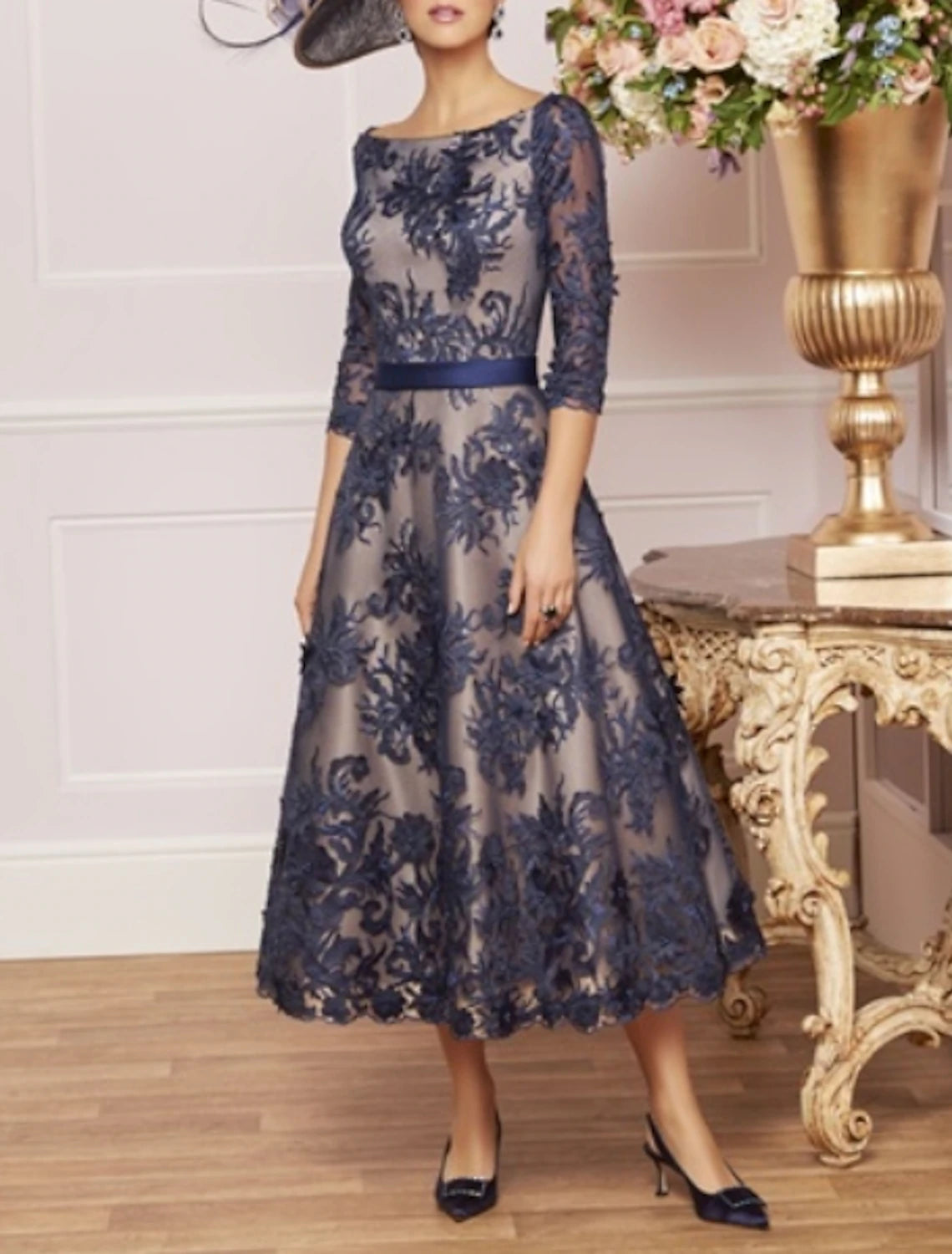 A-Line Mother of the Bride Dress Wedding Guest Plus Size Bateau Neck Tea Length Lace Half Sleeve with Lace Sash / Ribbon