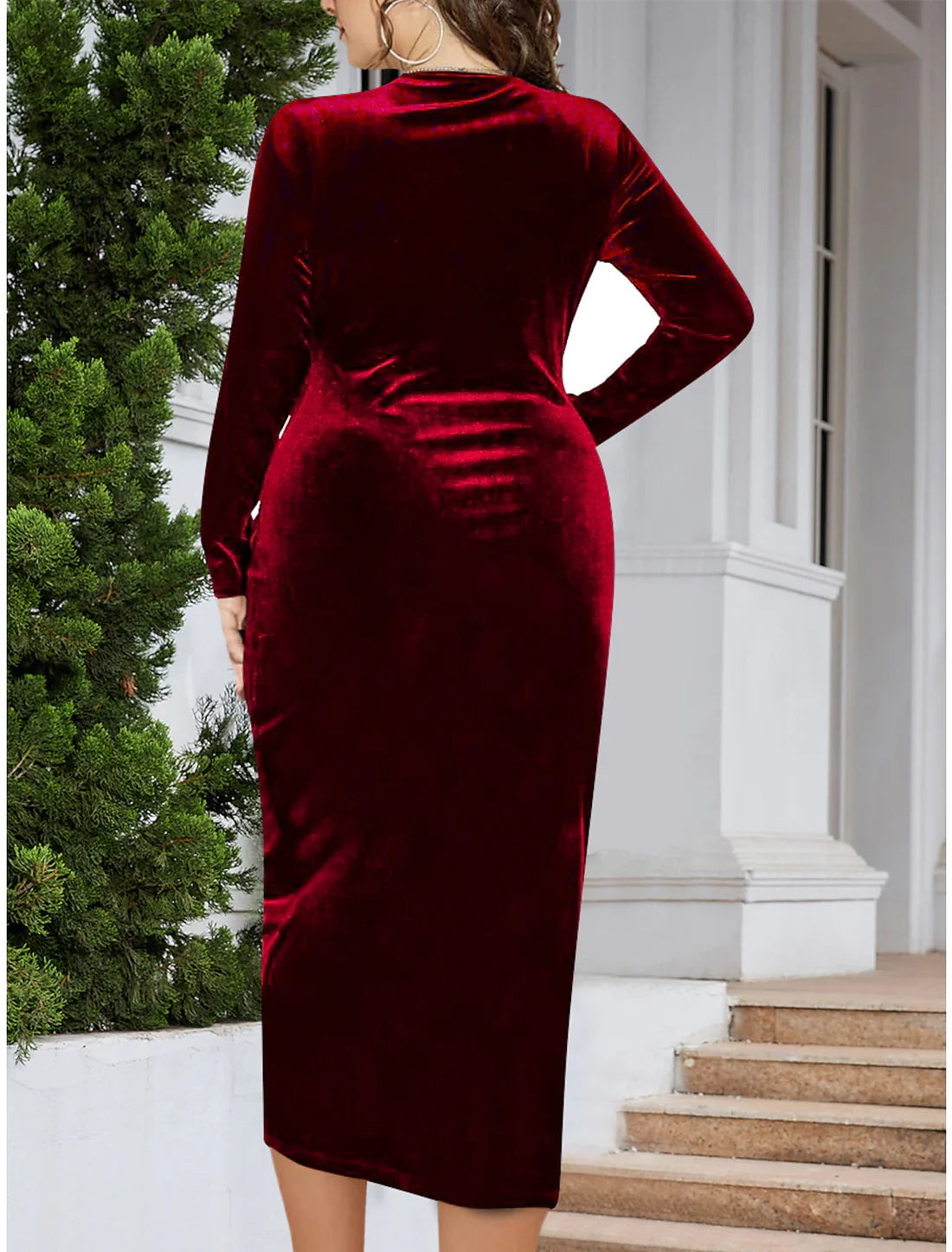 Plus Size Red Party Dress Velvet Dress Cocktail Dress Midi Dress Black Wine Dark Green Long Sleeve Pure Color Ruched Spring Fall Winter V Neck Winter Dress Wedding Guest Dresses
