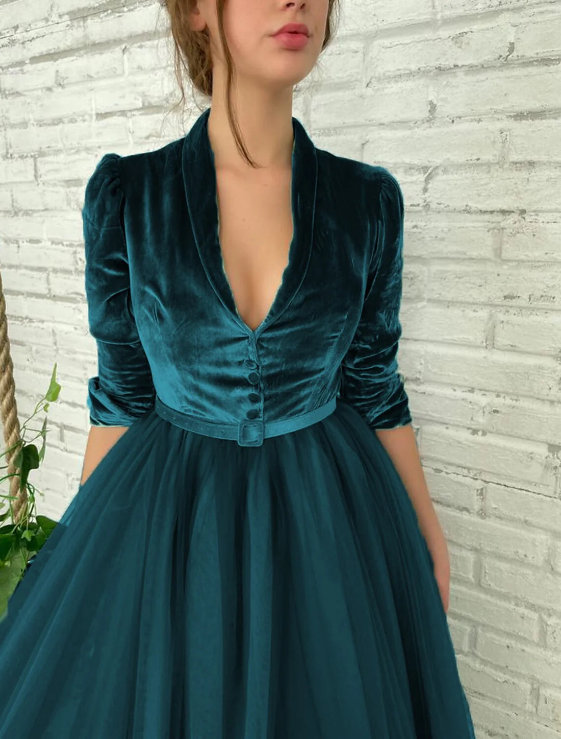 Ball Gown Cocktail Dresses Homecoming Dresses Elegant Dress Party Wear Quinceanera Ankle Length Half Sleeve V Neck Tulle with Sash / Ribbon Buttons Splicing