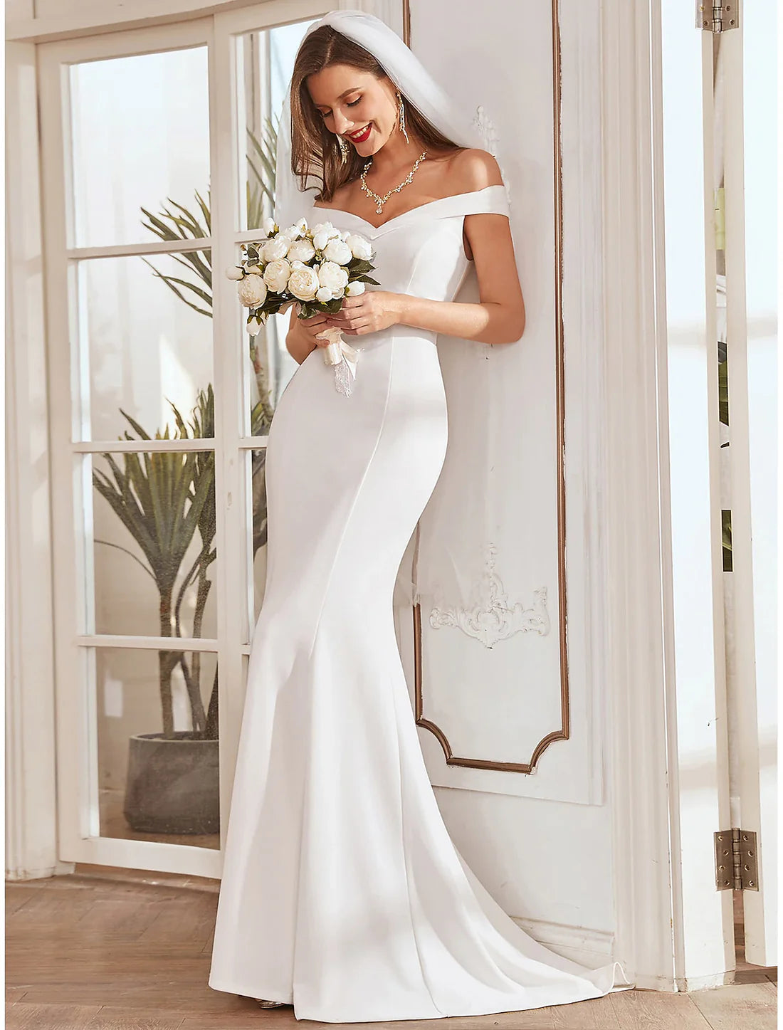 Mermaid / Trumpet Off Shoulder Cap Sleeve Sweep / Brush Train Stretch Fabric Bridal Gowns With Pleats Draping 5.0 (16 reviews) Wedding Dresses&Bridal Dresses