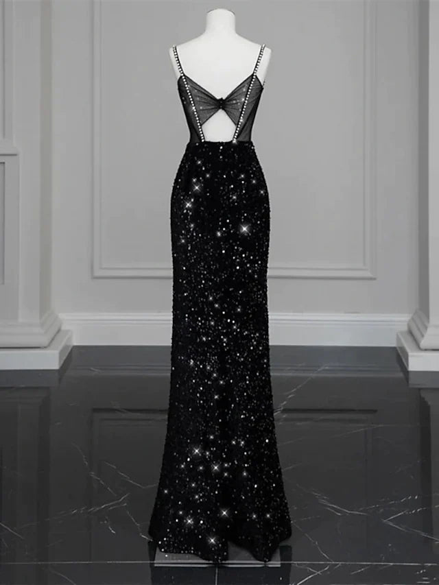 Mermaid / Trumpet Evening Gown Sexy Dress Formal Floor Length Sleeveless Spaghetti Strap Sequined with Bow(s) Crystals Sequin