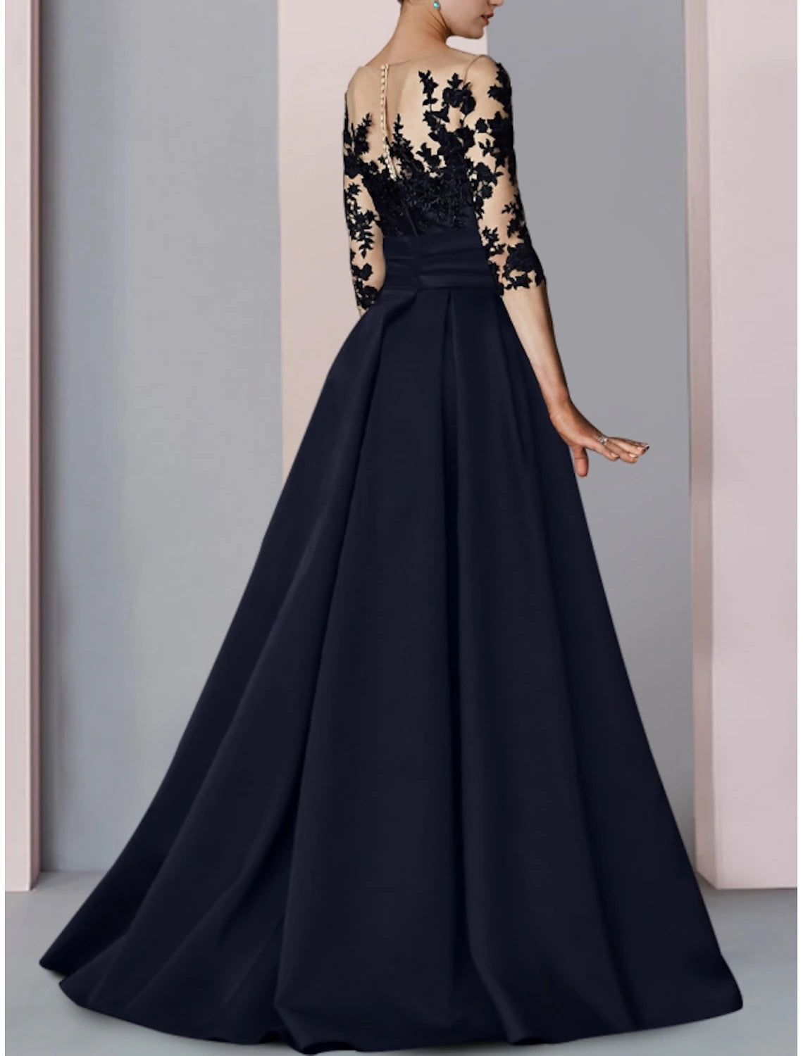 A-Line Evening Gown High Split Dress Sweep / Brush Train Half Sleeve Illusion Neck Satin with Slit Embroidery