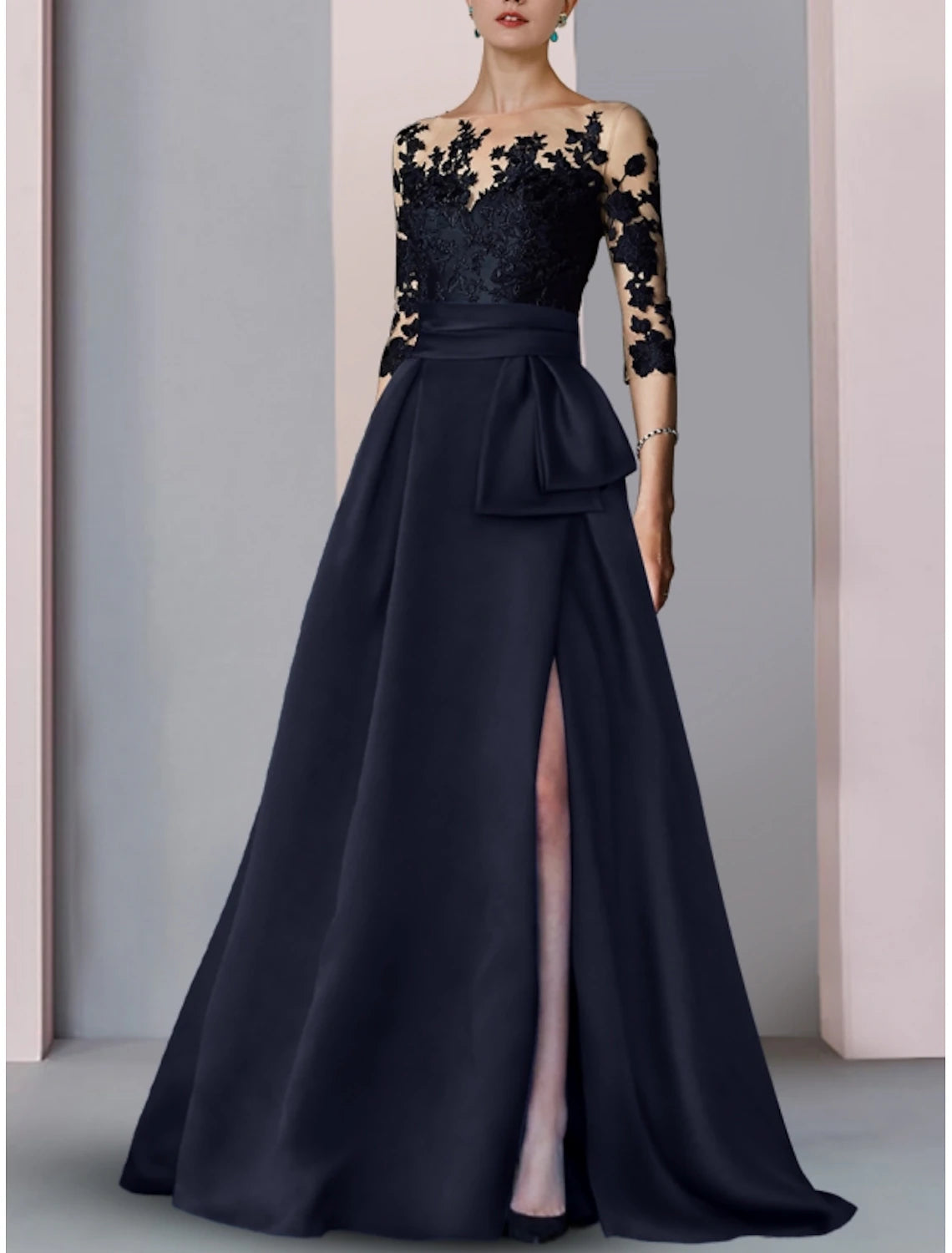 A-Line Evening Gown High Split Dress Sweep / Brush Train Half Sleeve Illusion Neck Satin with Slit Embroidery