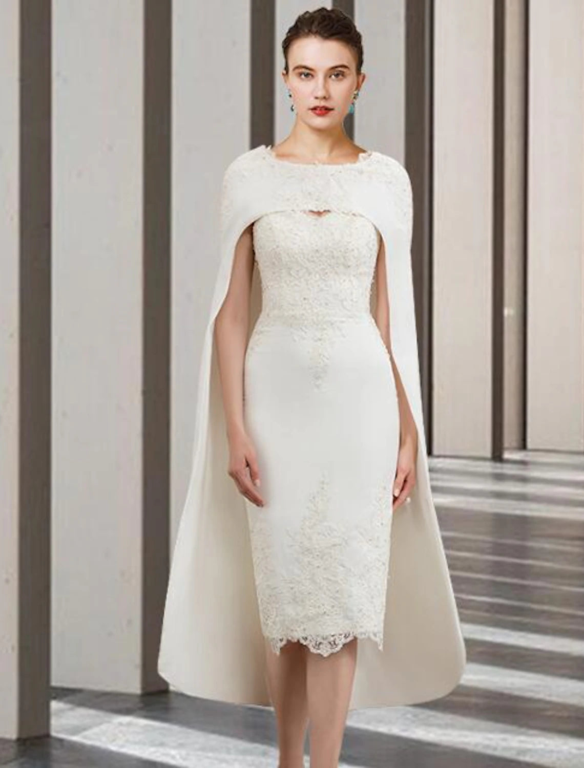 Two Piece Sheath / Column Mother of the Bride Dress Wedding Guest Church Elegant Jewel Neck Knee Length Chiffon Lace Sleeveless with Beading Appliques