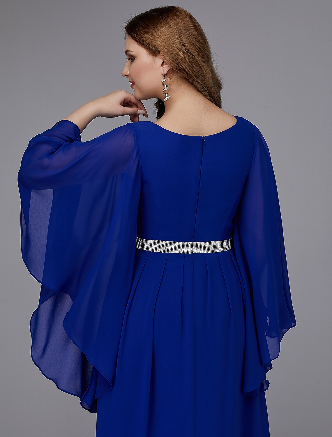 A-Line Plus Size Dress Wedding Guest Formal Evening Floor Length Long Sleeve V Neck Chiffon Lace-up with Crystals Sequin