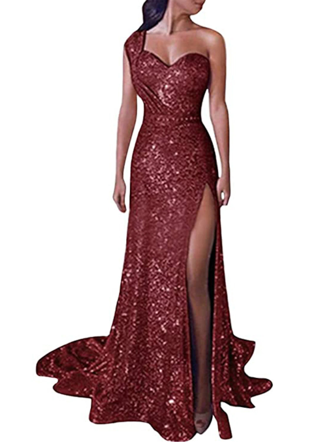 Mermaid Dress Evening Dresses Christmas Red Green Dress Sparkle & Shine Dress Prom Formal Evening Court Train One Shoulder Sleeveless Sequined with Sequin Slit