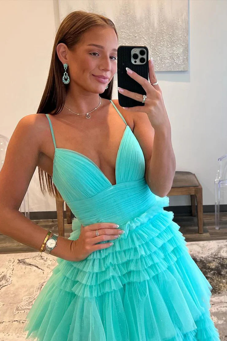A Line Spaghetti Straps V Neck Mint Tulle Layers Long Prom Dress