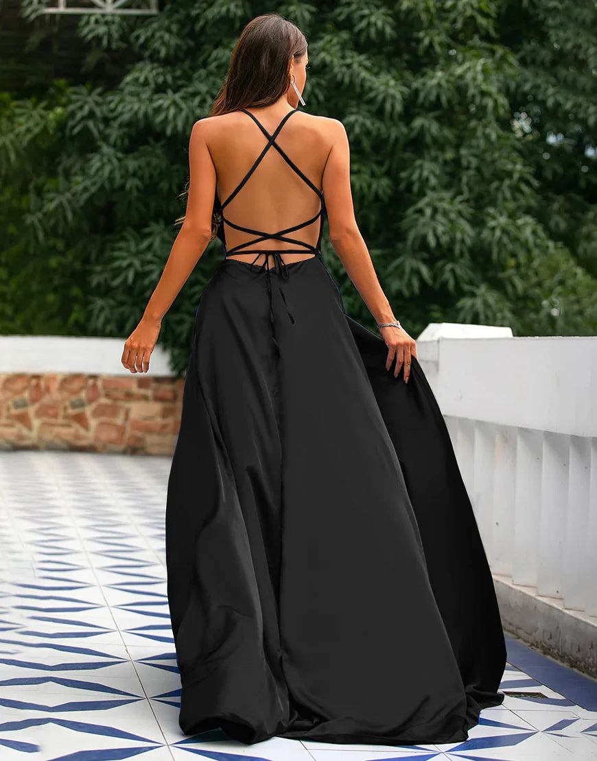 A-Line Spaghetti Straps Prom Dress  Formal Dress With Split Solid Color