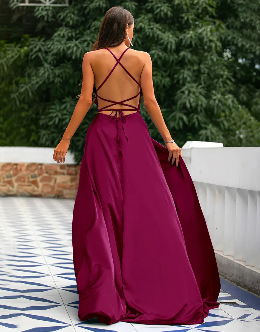A-Line Spaghetti Straps Prom Dress  Formal Dress With Split Solid Color