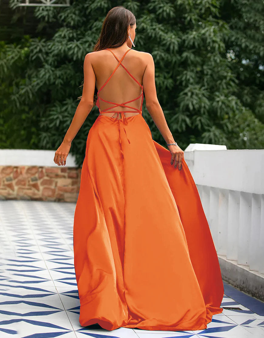 A-Line Spaghetti Straps Prom Dress  Formal Dress With Split Solid Color