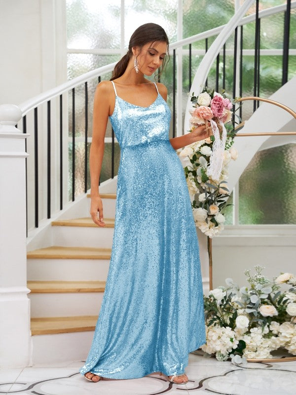 A-Line/Princess Sequins Ruched Straps Sleeveless Floor-Length Bridesmaid Dresses