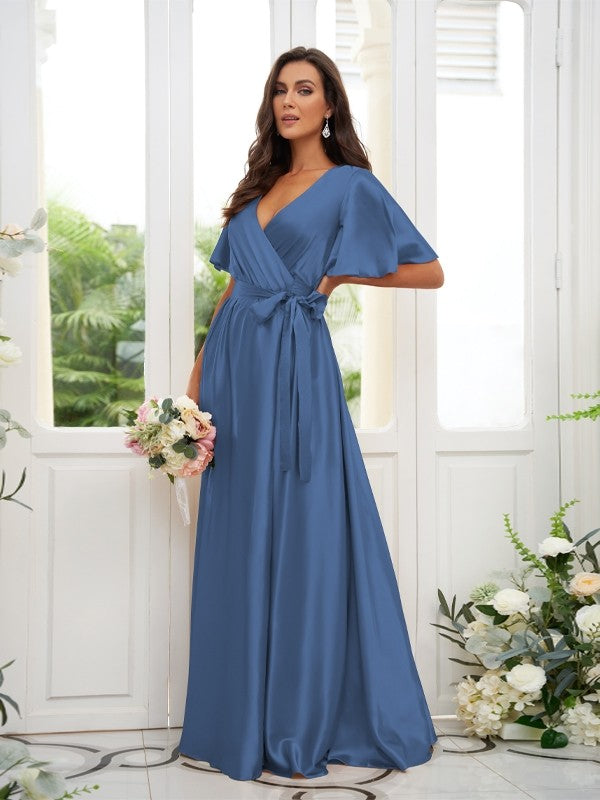 A-Line/Princess Silk like Satin Sash/Ribbon/Belt V-neck Short Sleeves Floor-Length Bridesmaid Dresses