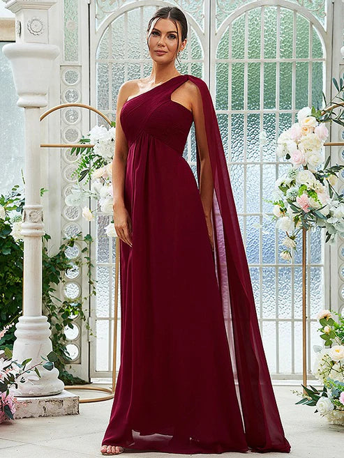 A-Line/Princess Chiffon Ruched One-Shoulder Sleeveless Floor-Length Bridesmaid Dresses Party Dresses Wedding Guest Dresses