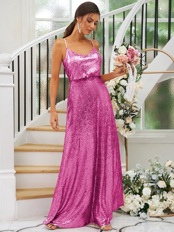 A-Line/Princess Sequins Ruched Straps Sleeveless Floor-Length Bridesmaid Dresses