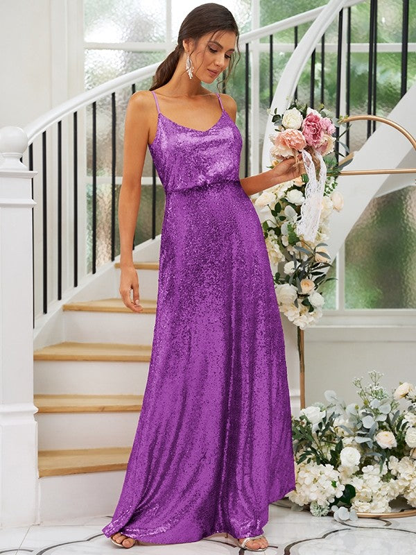 A-Line/Princess Sequins Ruched Straps Sleeveless Floor-Length Bridesmaid Dresses