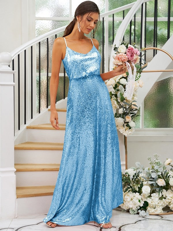 A-Line/Princess Sequins Ruched Straps Sleeveless Floor-Length Bridesmaid Dresses