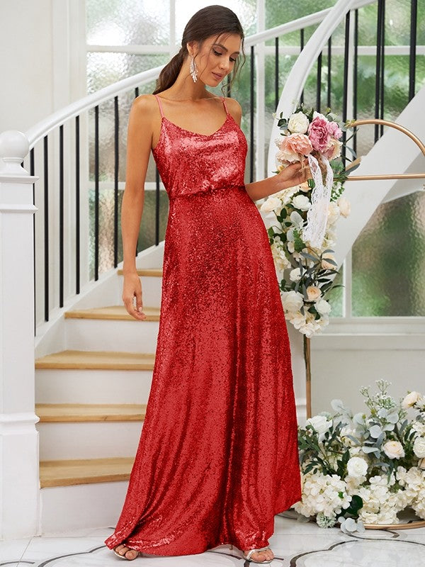 A-Line/Princess Sequins Ruched Straps Sleeveless Floor-Length Bridesmaid Dresses