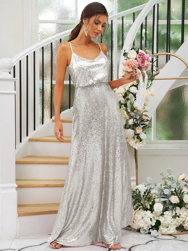 A-Line/Princess Sequins Ruched Straps Sleeveless Floor-Length Bridesmaid Dresses