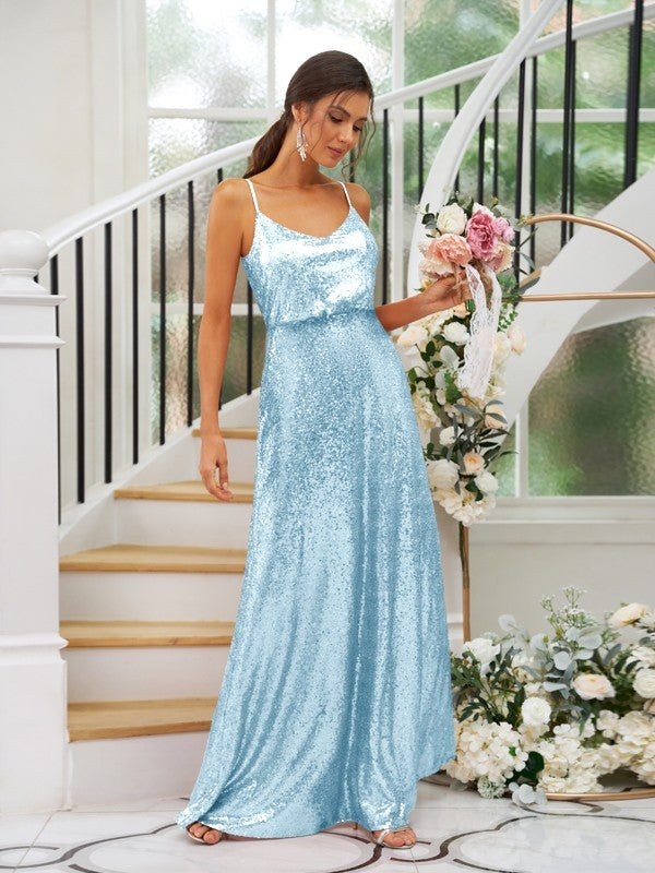 A-Line/Princess Sequins Ruched Straps Sleeveless Floor-Length Bridesmaid Dresses