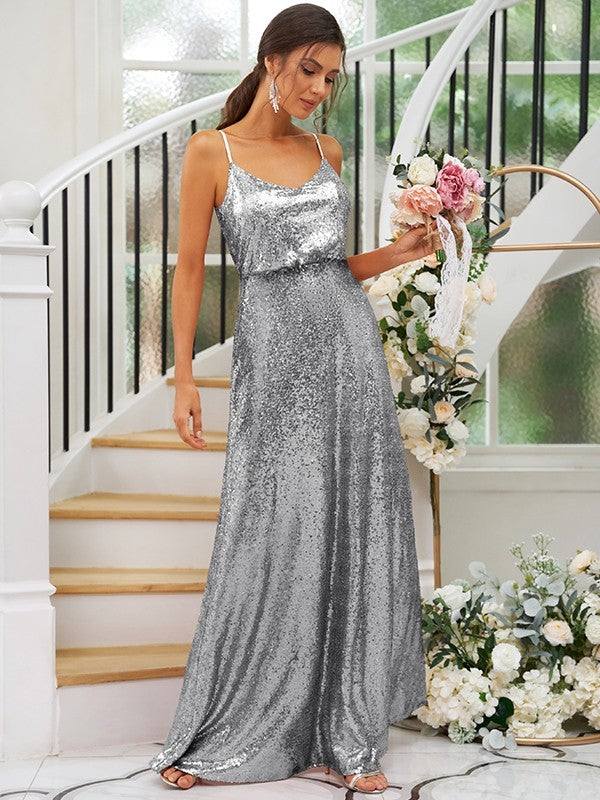 A-Line/Princess Sequins Ruched Straps Sleeveless Floor-Length Bridesmaid Dresses