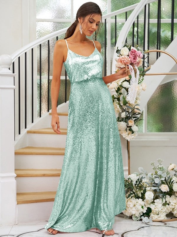 A-Line/Princess Sequins Ruched Straps Sleeveless Floor-Length Bridesmaid Dresses