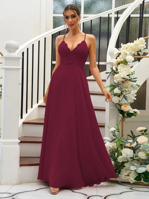 A-Line/Princess Chiffon Lace V-neck Sleeveless Floor-Length Bridesmaid Dresses Party Dresses Wedding Guest Dresses