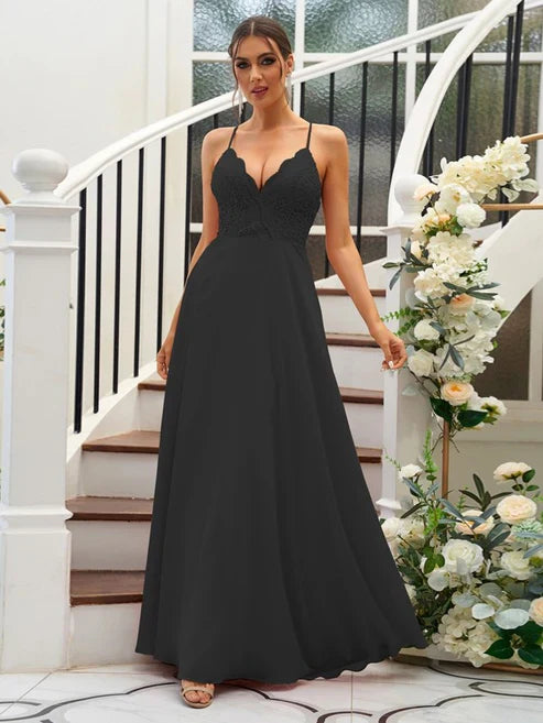 A-Line/Princess Chiffon Lace V-neck Sleeveless Floor-Length Bridesmaid Dresses Party Dresses Wedding Guest Dresses