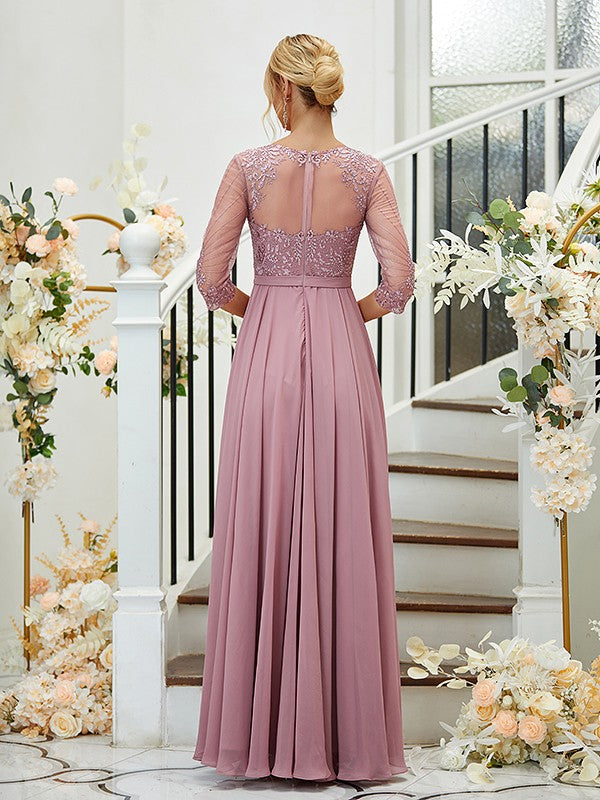 A-Line Chiffon Lace V-neck 3/4 Sleeves Floor-Length Bridesmaid Dresses