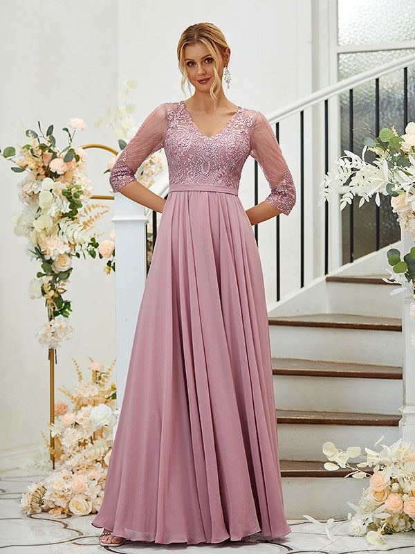 A-Line Chiffon Lace V-neck 3/4 Sleeves Floor-Length Bridesmaid Dresses