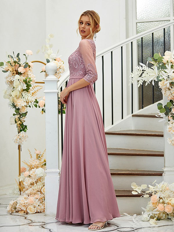 A-Line Chiffon Lace V-neck 3/4 Sleeves Floor-Length Bridesmaid Dresses