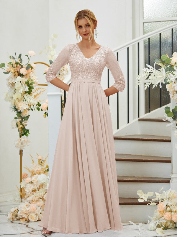 A-Line Chiffon Lace V-neck 3/4 Sleeves Floor-Length Bridesmaid Dresses