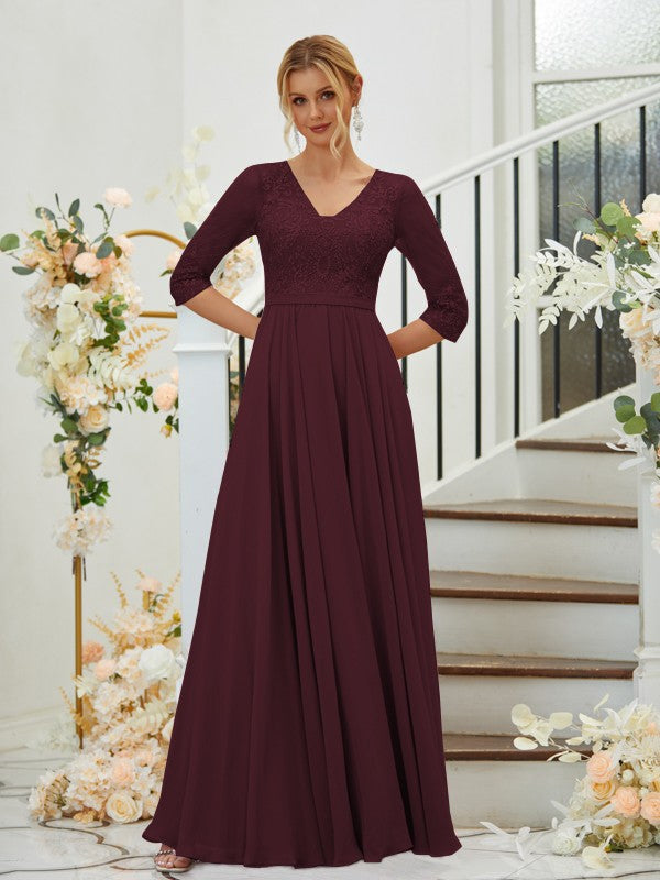 A-Line Chiffon Lace V-neck 3/4 Sleeves Floor-Length Bridesmaid Dresses